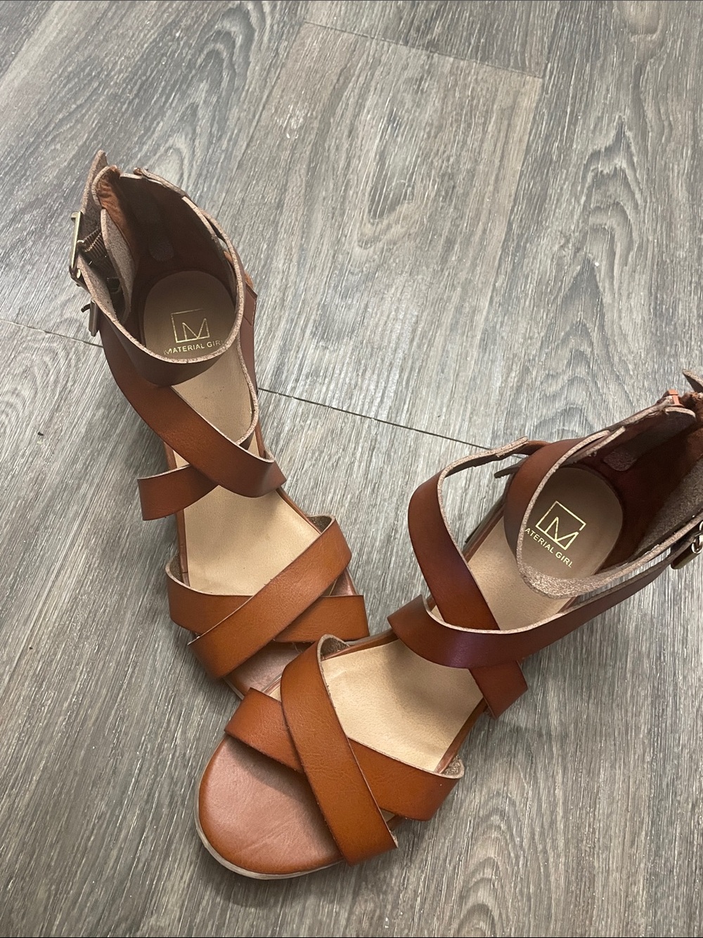 Material Girl Tan Brown Strappy Ankle-Wrap Sandals